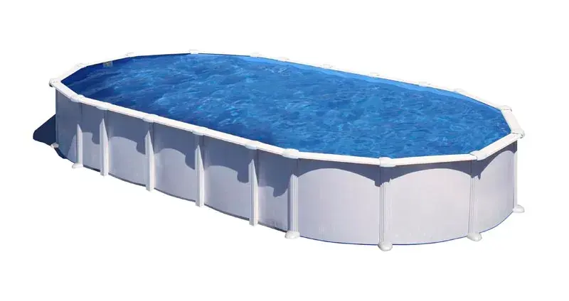 piscina-gre-atlantis-ovalada-acero-chapa-blanca-1 | PisciManía Oval above-ground pool filled with blue water in a backyard setting (white frame and supports)