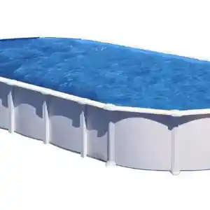 Oval above-ground pool filled with blue water and a white frame on a white background.