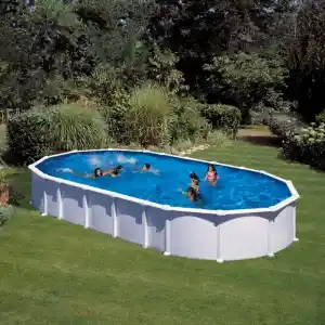 Children swimming and playing in an oval above-ground backyard pool with blue water and a green lawn surrounding it.
