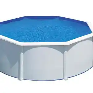 Round above-ground swimming pool with white corrugated panels and blue water surface outdoors