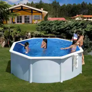Backyard scene with a large blue above-ground pool, children swimming, and two adults at the pool edge; a yellow house and green hedge in the background.