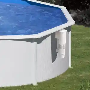 Above-ground pool with blue water and a white exterior; a vertical pool filter is mounted on the side.