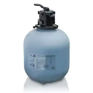 Blue cylindrical pool sand filter with a black multiport valve on top, used to clean and circulate pool water.