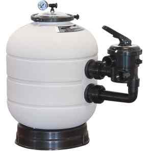 Above-ground pool sand filter with a black multiport valve and pressure gauge on top.