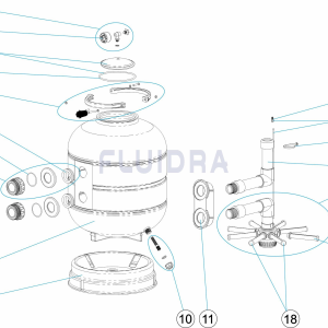 Exploded assembly diagram of a cylindrical water heater showing parts and fittings labeled 1–19.