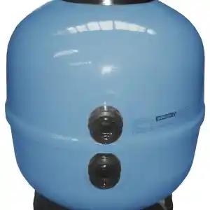 filtro-ice-depuradora-piscina-astralpool-1 | PisciManía Blue cylindrical water storage tank with a top pressure gauge and two side outlets, resting on a black base.
