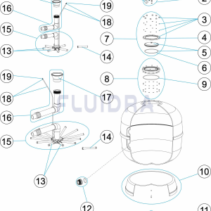 filtro-ice-depuradora-piscina-astralpool-2 | PisciManía Exploded diagram of a pool filter system showing numbered parts like pump, fittings, canister, valve, and lid.