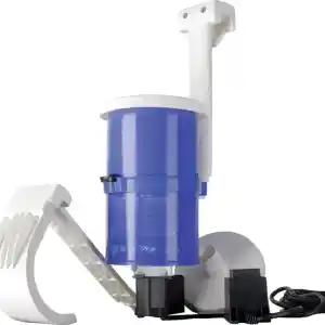 Compact submersible water pump with blue cylindrical body and white mounting bracket, on/off power cord visible.