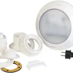 plpb14-1 | PisciManía Round white underwater pool light with mounting joints and gasket components laid out beside it.