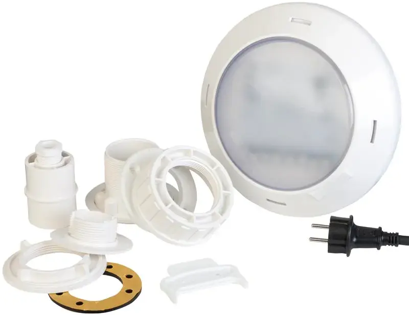 plpb14-1 | PisciManía Round white underwater pool light with mounting joints and gasket components laid out beside it.