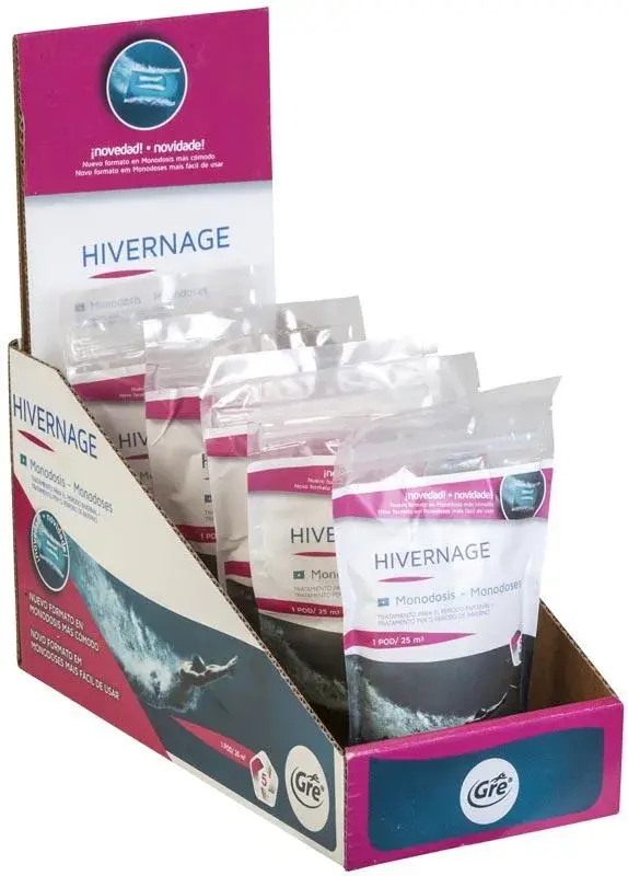 plpb14-3 | PisciManía Display box of Hivernage single-dose packets in a pink-and-white retail stand arrangement.