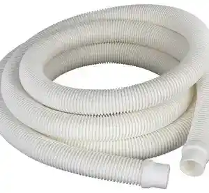 Coiled white corrugated plastic hose with end fittings, likely a vacuum or appliance hose
