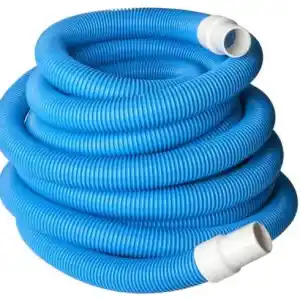 Coiled blue flexible corrugated hose with white connector ends.