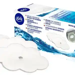 Box of Gre grease-absorbing sponges for skimmer with six units; several white cloud-shaped sponges laid out in front of box.