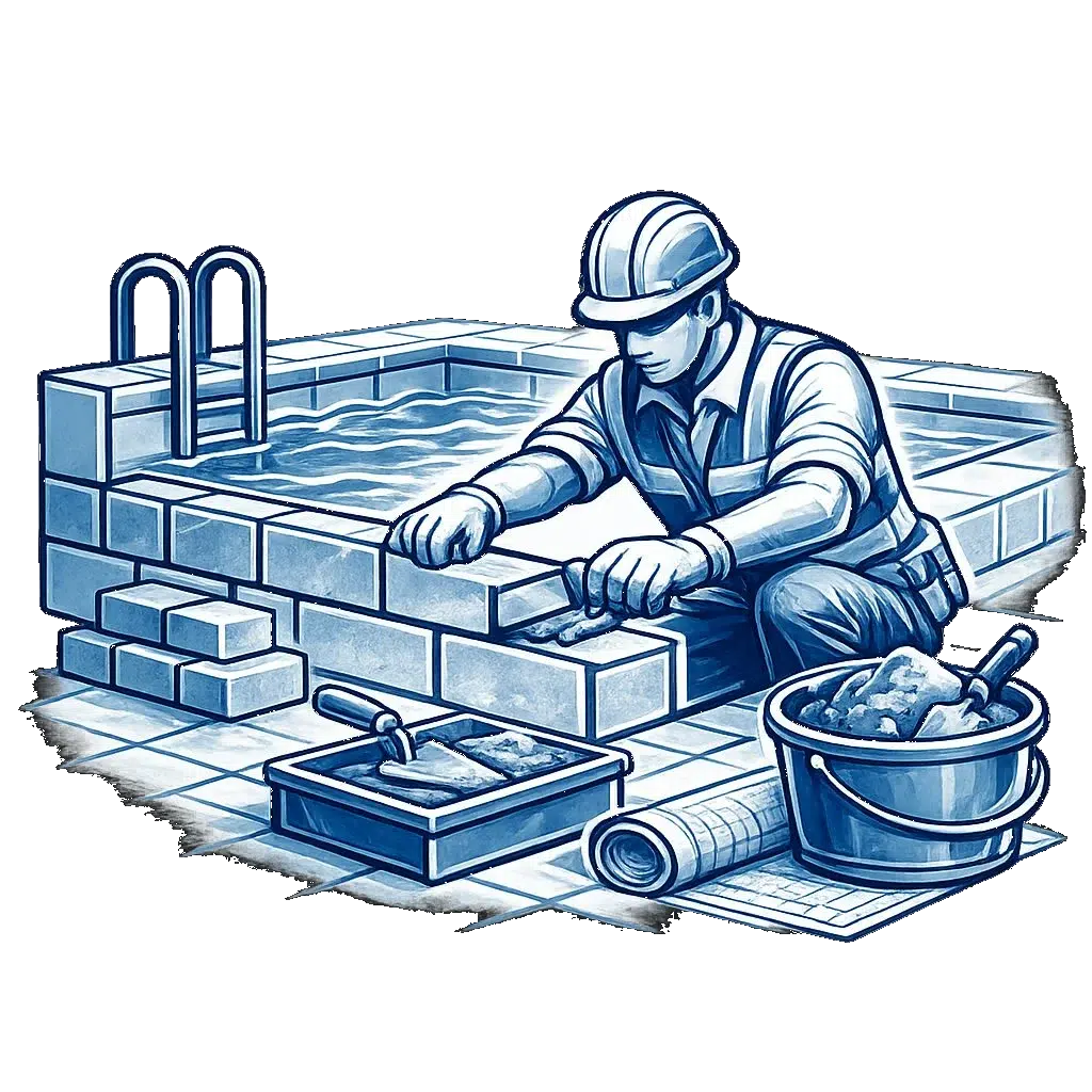 servicios piscimania | PisciManía | PisciManía Construction worker in hard hat laying bricks to build a wall beside a pool, with trowel and bucket nearby