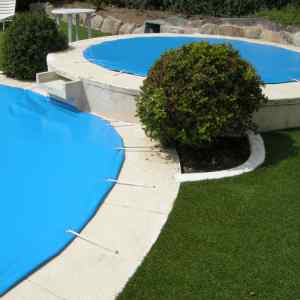 Two circular swimming pools covered with bright blue tarps, set in a concrete surround with trimmed shrub nearby.