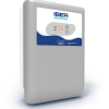 Pool salt chlorinator unit with IBER Cover Pool branding and blue wave panel on a gray cabinet.