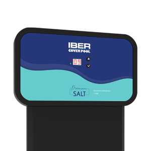 Pool salt dispenser unit with blue front panel reading 'IBER COVER POOL' and 'Premium Salt' text on a dark stand.