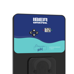 Pool pH monitor device with blue top panel showing 'IBER Cover Pool' and a digital display, likely used to measure and maintain pool pH levels.